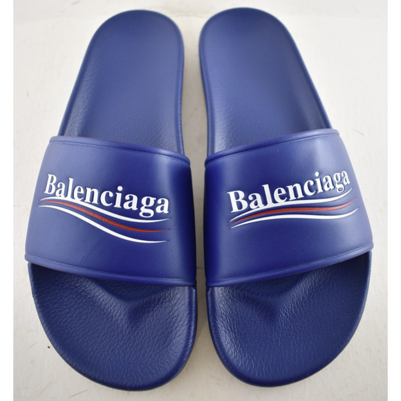 Balenciaga Blue Leather Campaign Logo Slide Pool Sandal Flip Flop Flat 44 11 main image 12